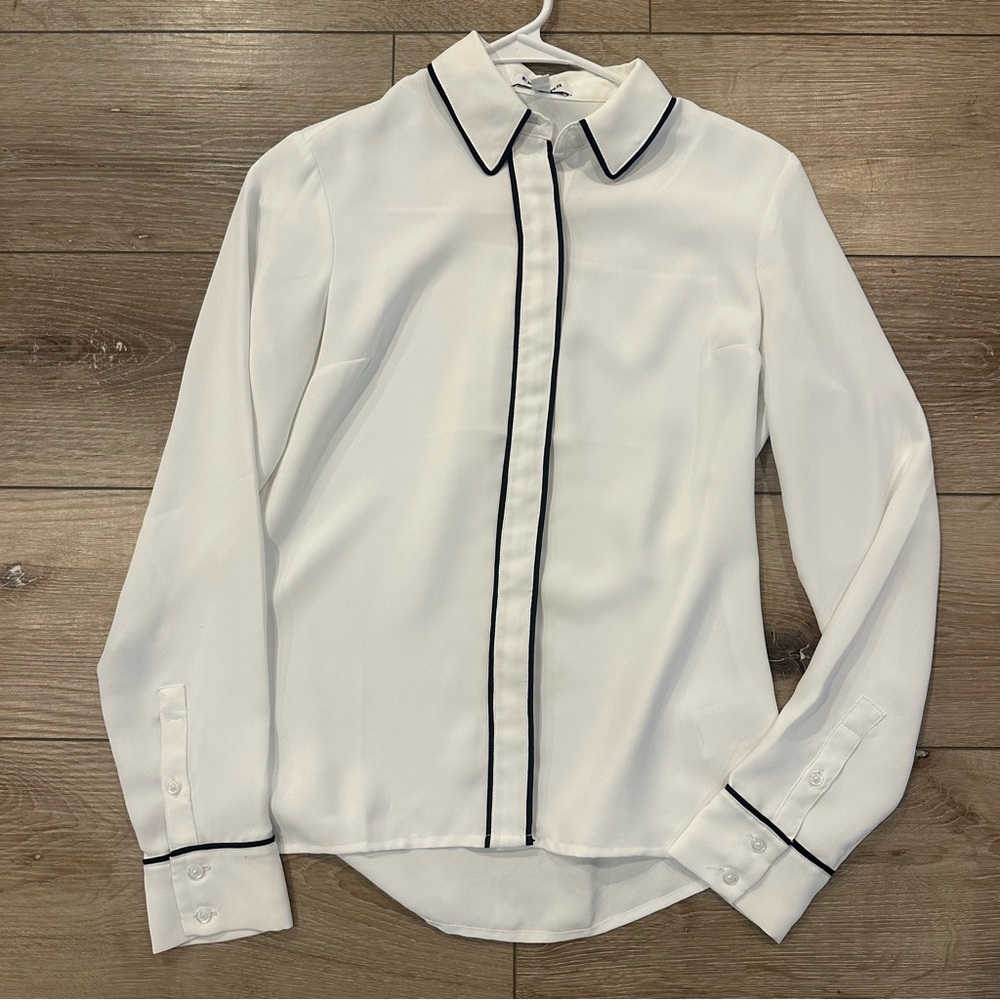 Express White Button Down Long Sleeve Black Trim Portofino Shirt Work Blouse XXS